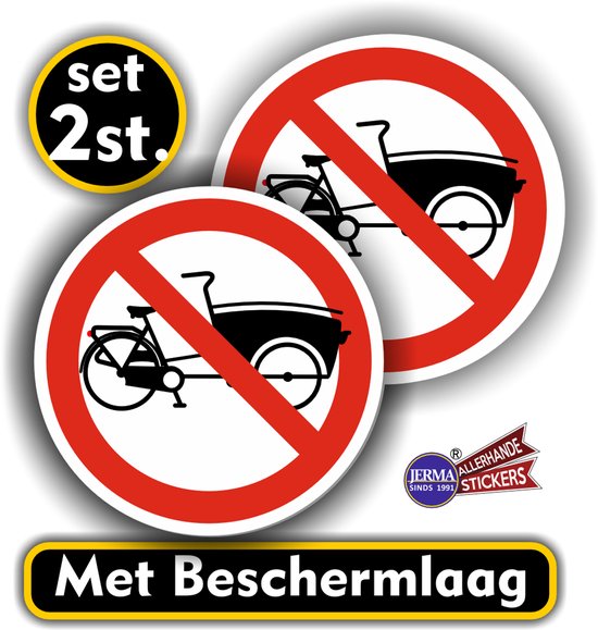 Twee stickers met verbod op bakfietsen, met tekst 'set 2st.' en 'Met beschermlaag'.