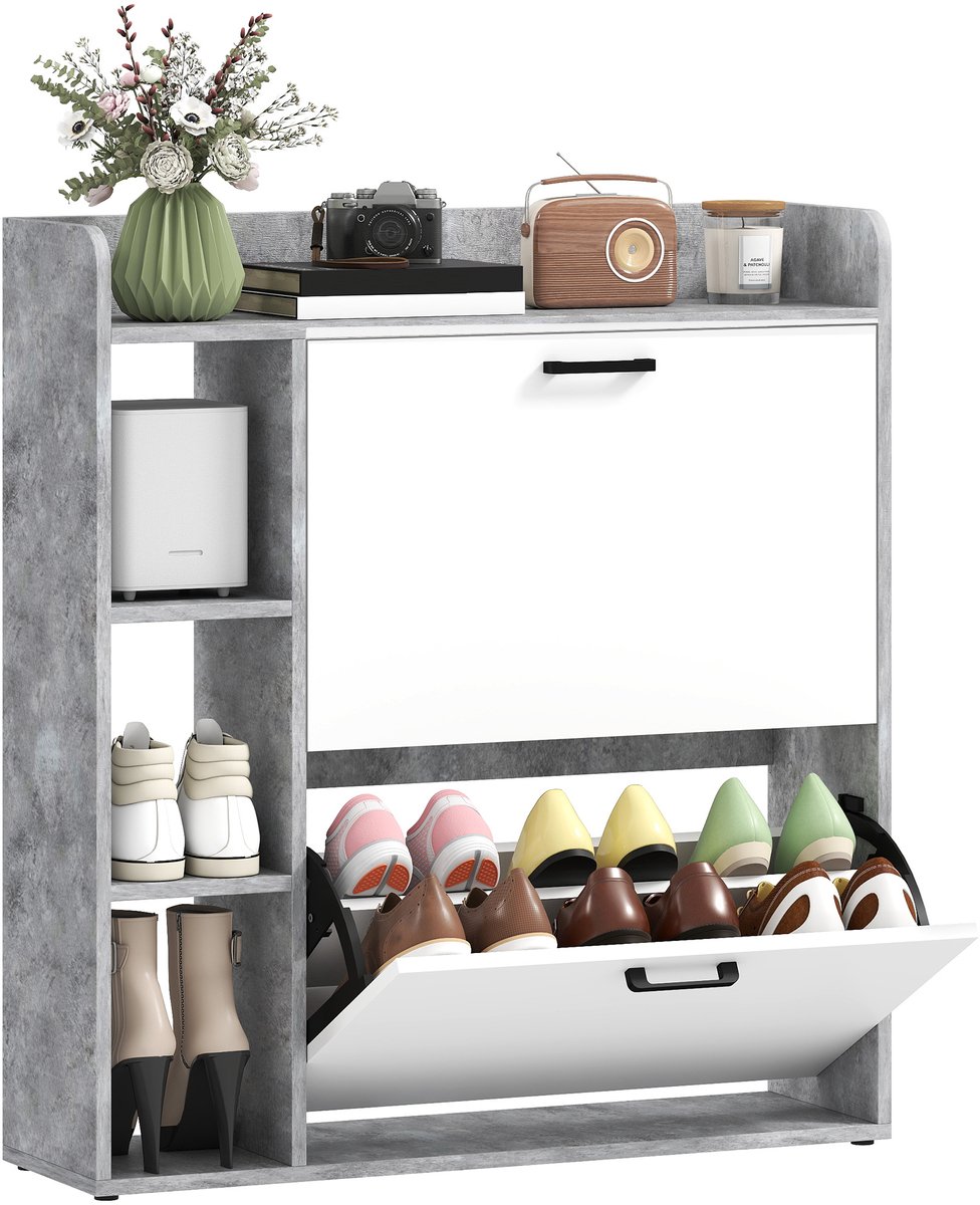 Homcom neerklapbare schoenenkast - Spaanplaat - 83x24x90,5cm - Wit en grijs