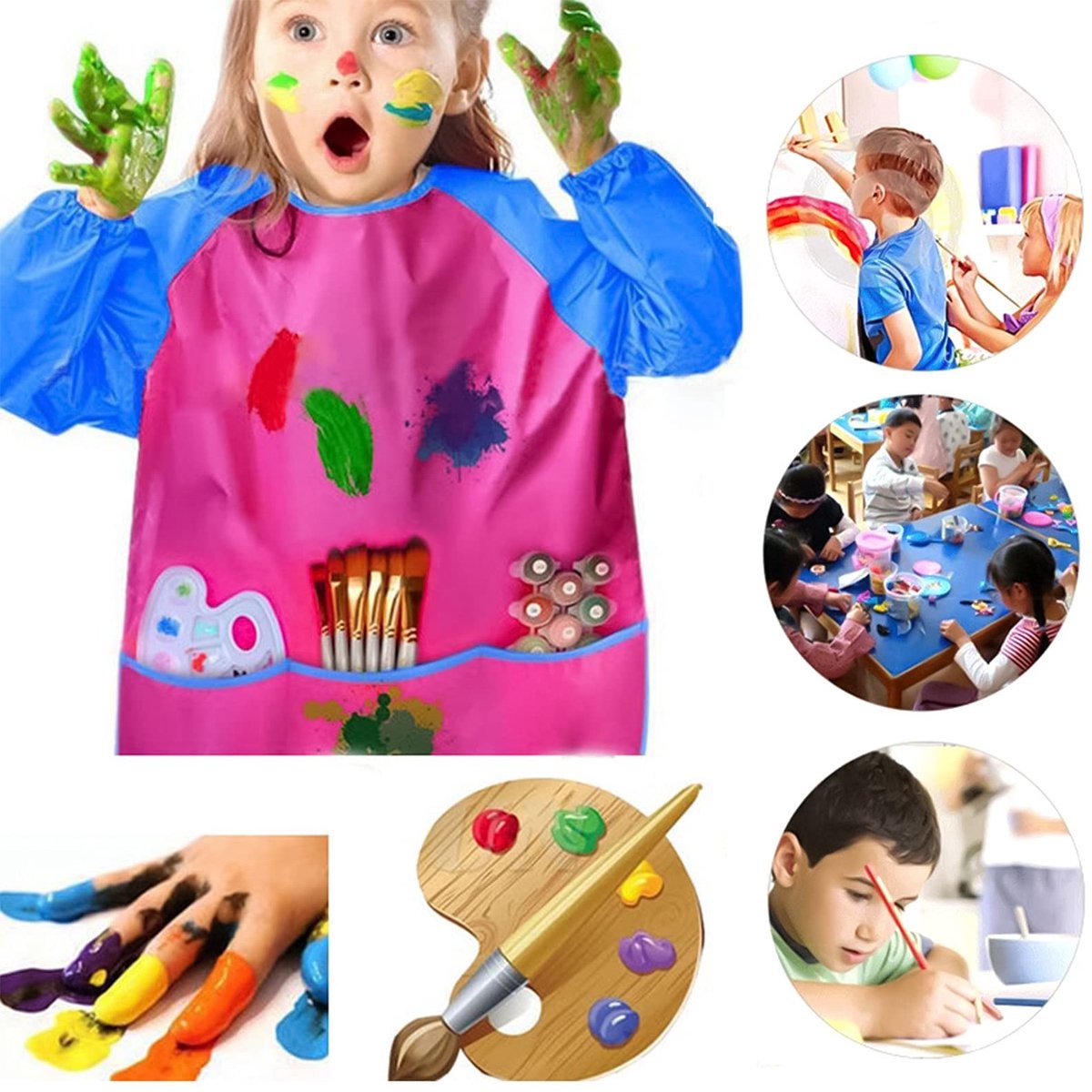 Dailygoods- Schilderschort Waterdicht - Kinderschort met Mouwen - Peuter Schort - Kunst/Handwerk - 2 Pack - 3-8 Jaar - 3 Zakken