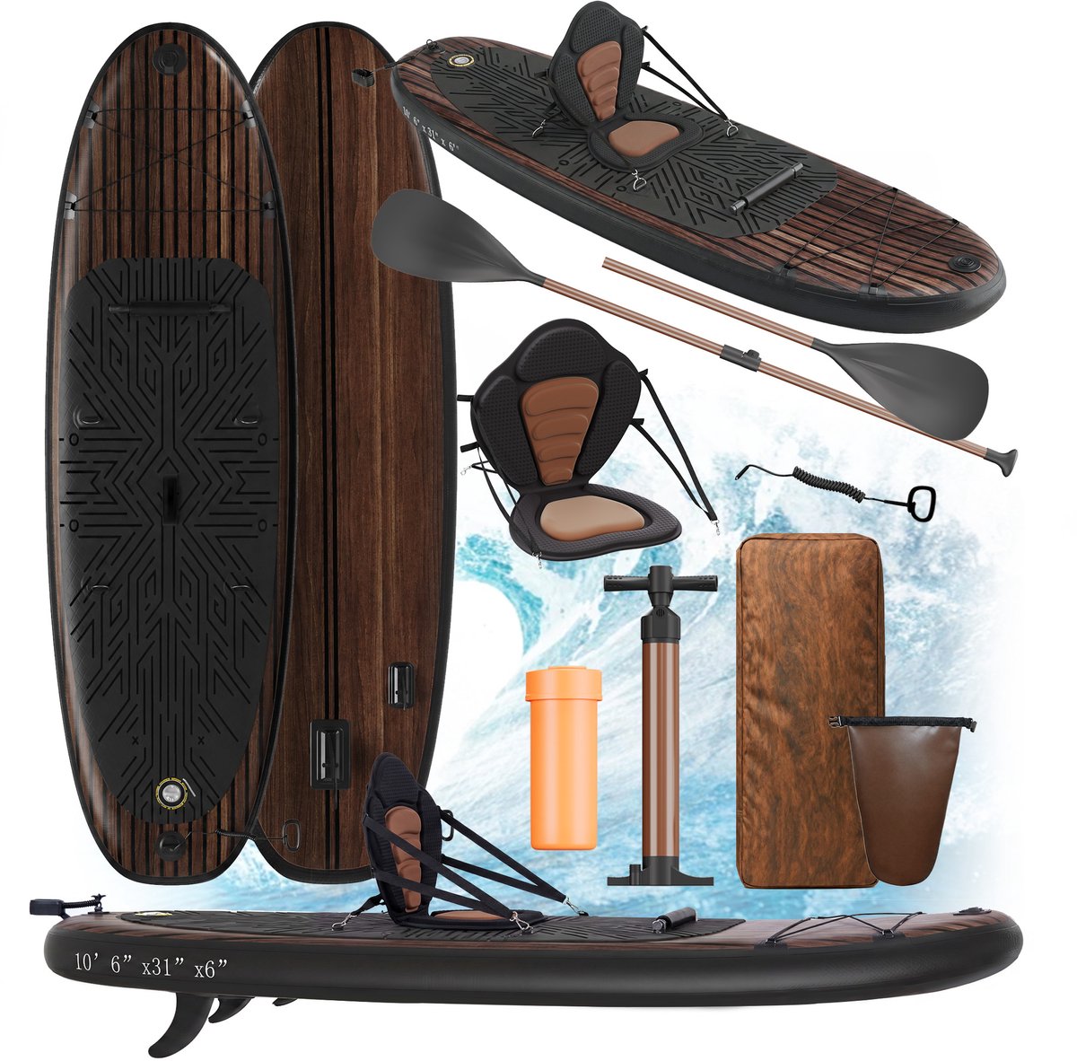Devoko SUP board XL - allround - opblaasbaar paddle board - limited collection - stand up paddle board - compleet SUP pakket paddleboardpakket - 130 kg - 79x 320cm - Donker hout