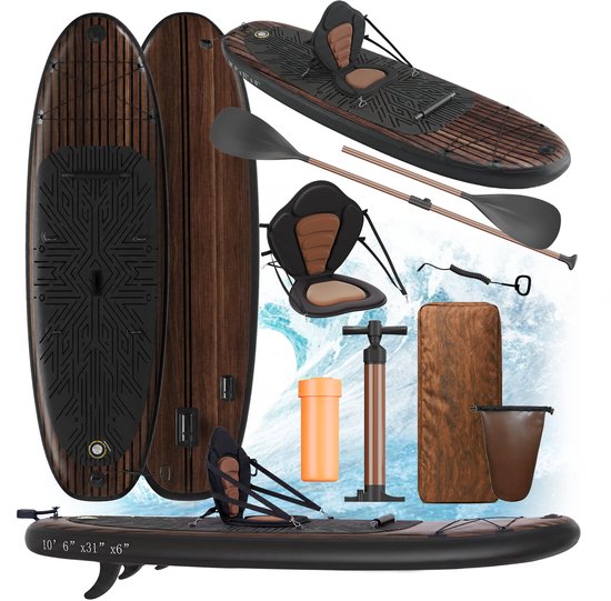 Devoko SUP board XL - allround - opblaasbaar paddle board - limited collection - stand up paddle board - compleet SUP pakket paddleboardpakket - 130 kg - 79x 320cm - Donker hout