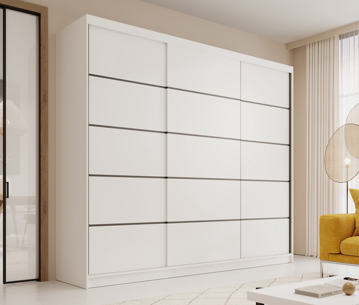 AJE Meubles B.V. Schuifdeurkast Velora 250 cm – ruime kledingkast met 3 schuifdeuren, legplanken en kledingroede – Wit – 250x215x58 cm