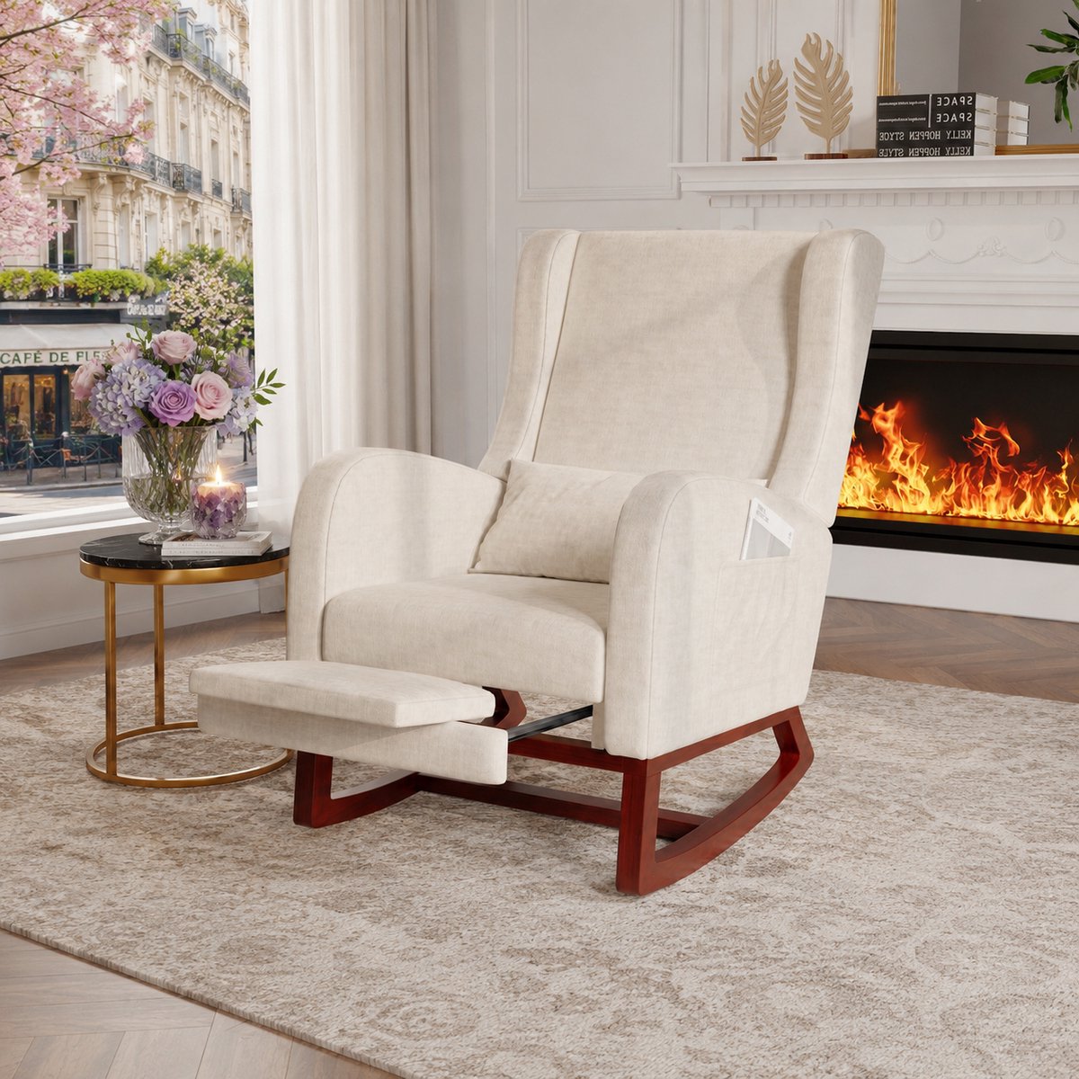 Schommelstoel met kussen – TV-stoel met voetensteun - Relaxstoel, loungestoel met zijzakken - fauteuil voor de woonkamer - Voedingsstoel voor de babykamer – Beige