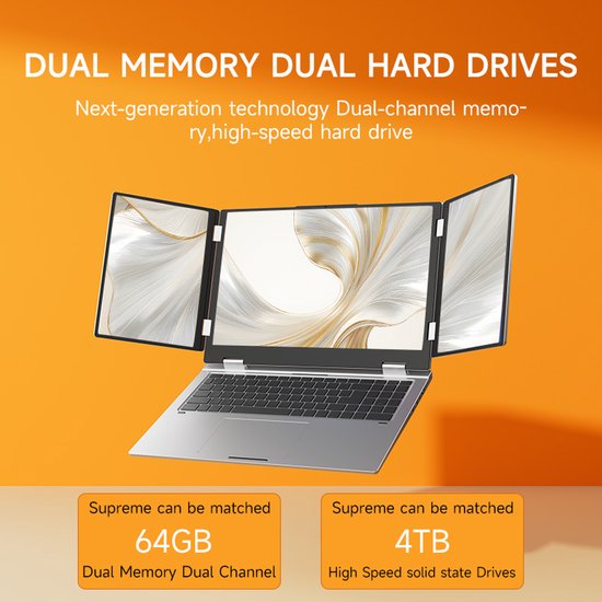 16" + 10.5" + 10.5" Triple-Screen Laptop, Intel Core i7-1260P, 32GB RAM (tot 64GB), 1TB SSD (tot 4TB), Vingerafdruk & Gezichtsherkenning, WiFi 6, RJ45, BT 5.2, Full USB-C, Aluminium – Windows 11 - XYLORE - Hoofdafbeelding