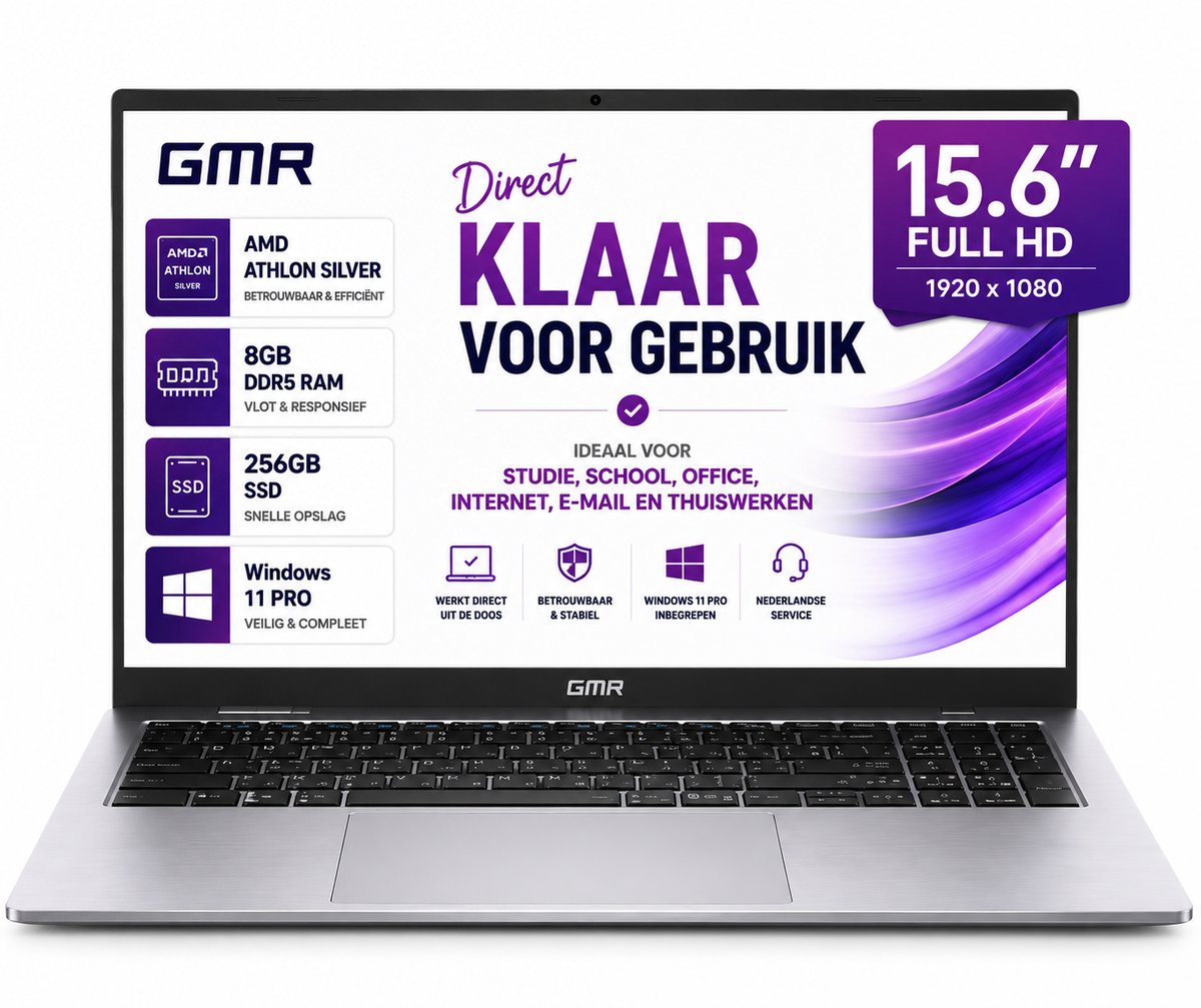 GMR - 15.6 Inch Full HD Laptop - AMD Athlon Silver - 8GB RAM - 256GB SSD - Windows 11 Pro voor Thuis, Office en Studie notebook