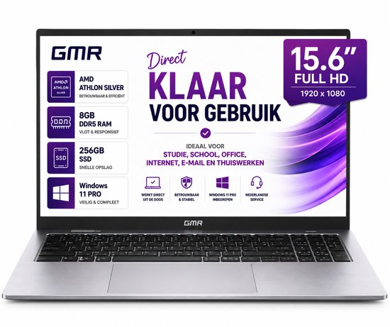 Office Laptop 15.6 Inch Full HD - Windows 11 Pro - 8GB RAM - 256GB SSD - GMR Notebook voor Studie, School, Office, Internet, E-mail en Thuiswerken - AMD Athlon Silver - Studenten Laptop - Werk Laptop