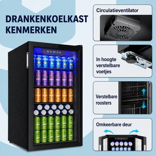 Rolu Mini Koelkast - Blikjes Koeler - 90 Liter - 126 Blikjes - Luchtgekoeld 0 °C Tot 16 °C - Glazen Deur - LED Verlichting — afbeelding 3