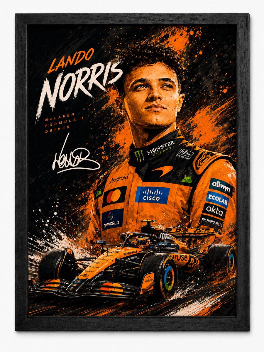 Lando Norris McLaren Poster | Formule 1 Art Style | Inclusief Zwarte A4 Lijst