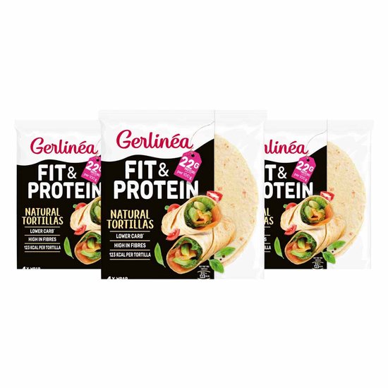 Drie verpakkingen Gerlinéa Fit & Protein natuurlijke tortilla wraps met 22g eiwit per 100g.