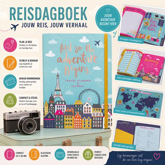 Reisdagboek met Eiffeltoren, reuzenrad en kleurrijke huizen. "And so the adventure begins...". Goudfolie letters.
