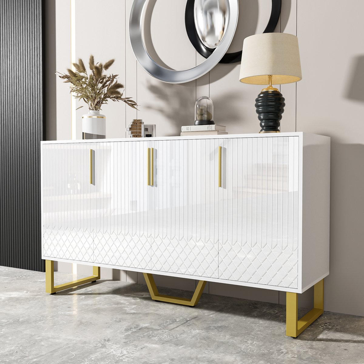 DESMIU Dressoir - Hoogglans Opbergkast Met 4 Deuren - Modern Voor Woonkamer En Eetkamer - MDF - 140x40x80 Cm - Wit