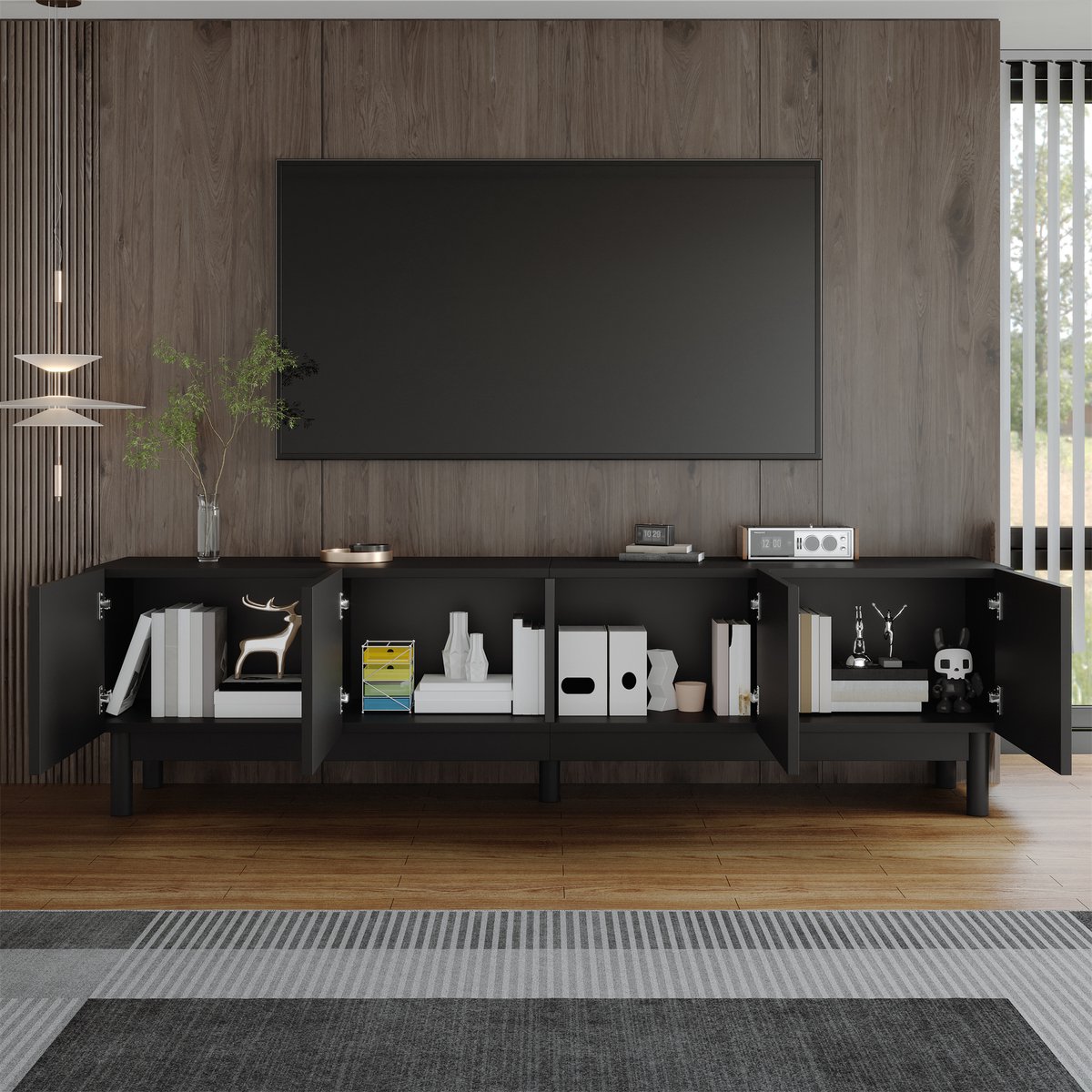 DESMIU Tv Meubel - Greeploos Design Met Vier Deuren En Opbergruimte - Voor Moderne Woonkamer - MDF En Spaanplaat - 169x34x45,5 Cm - Zwart