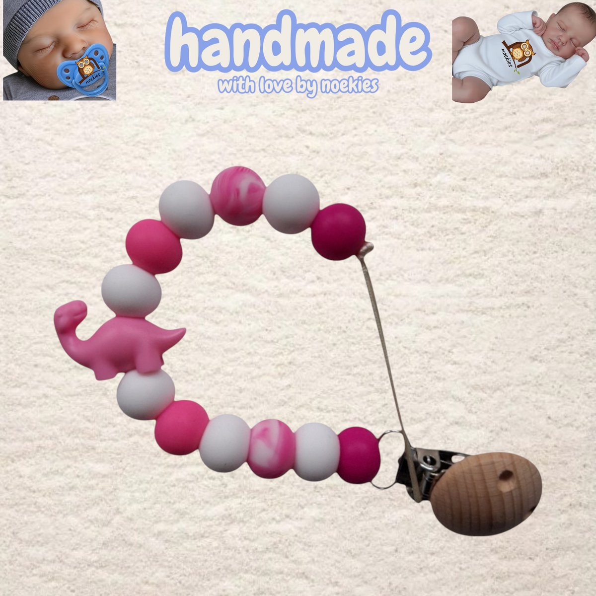 noekies Speenkoord dino roze wit Kraamcadeau - Speenketting - Babycadeau - Babyshower nr 21