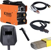 Oranje lasapparaat met accessoires: lashelm, kabels, elektrodehouder en 4kg laselektroden.