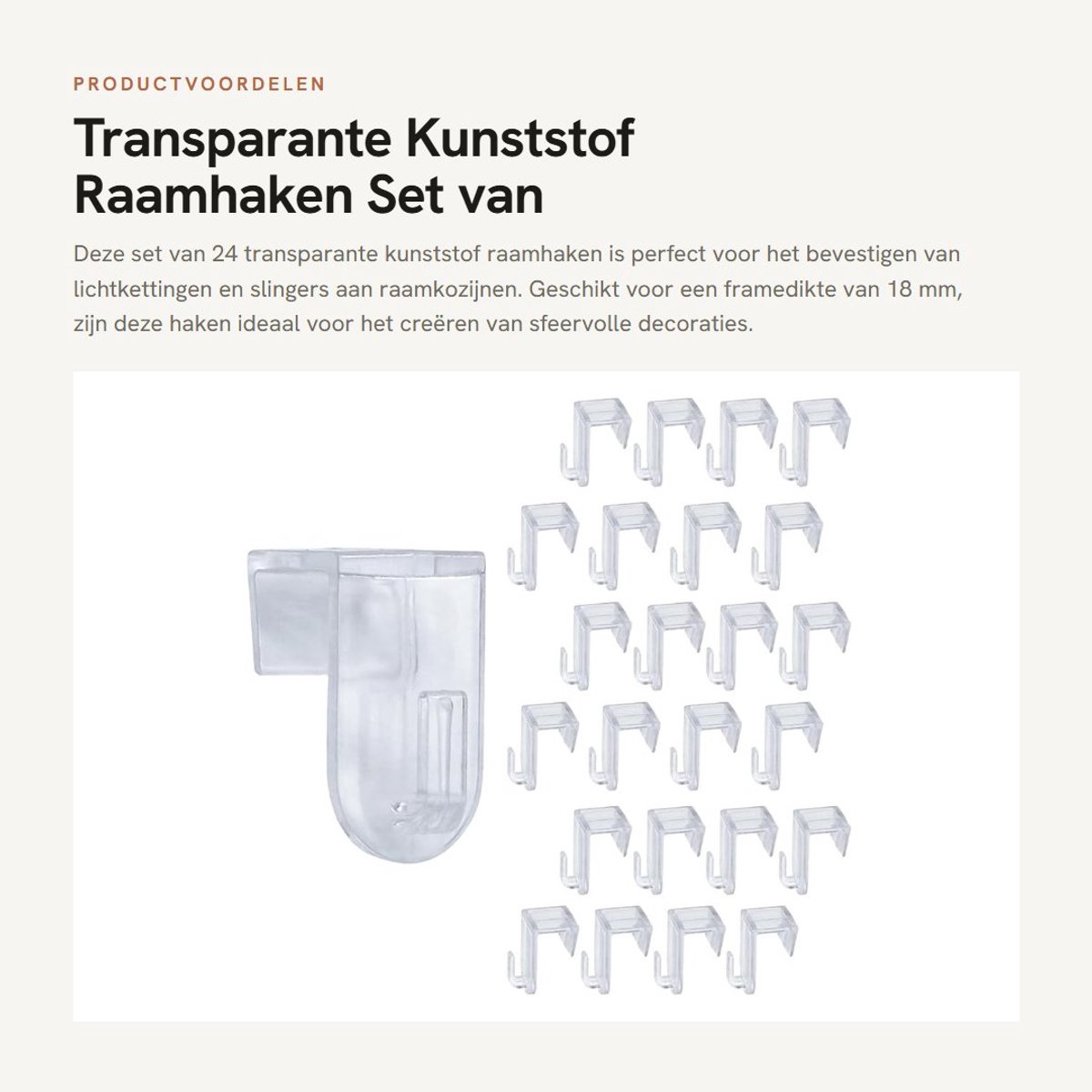 Dailygoods- Raamhaken Set van 24 - Kunststof - Transparant - Voor 18 mm Framedikte - Raamclip voor Lichtkettingen - Decoratiehaken 3,4 x 2 x 1 cm