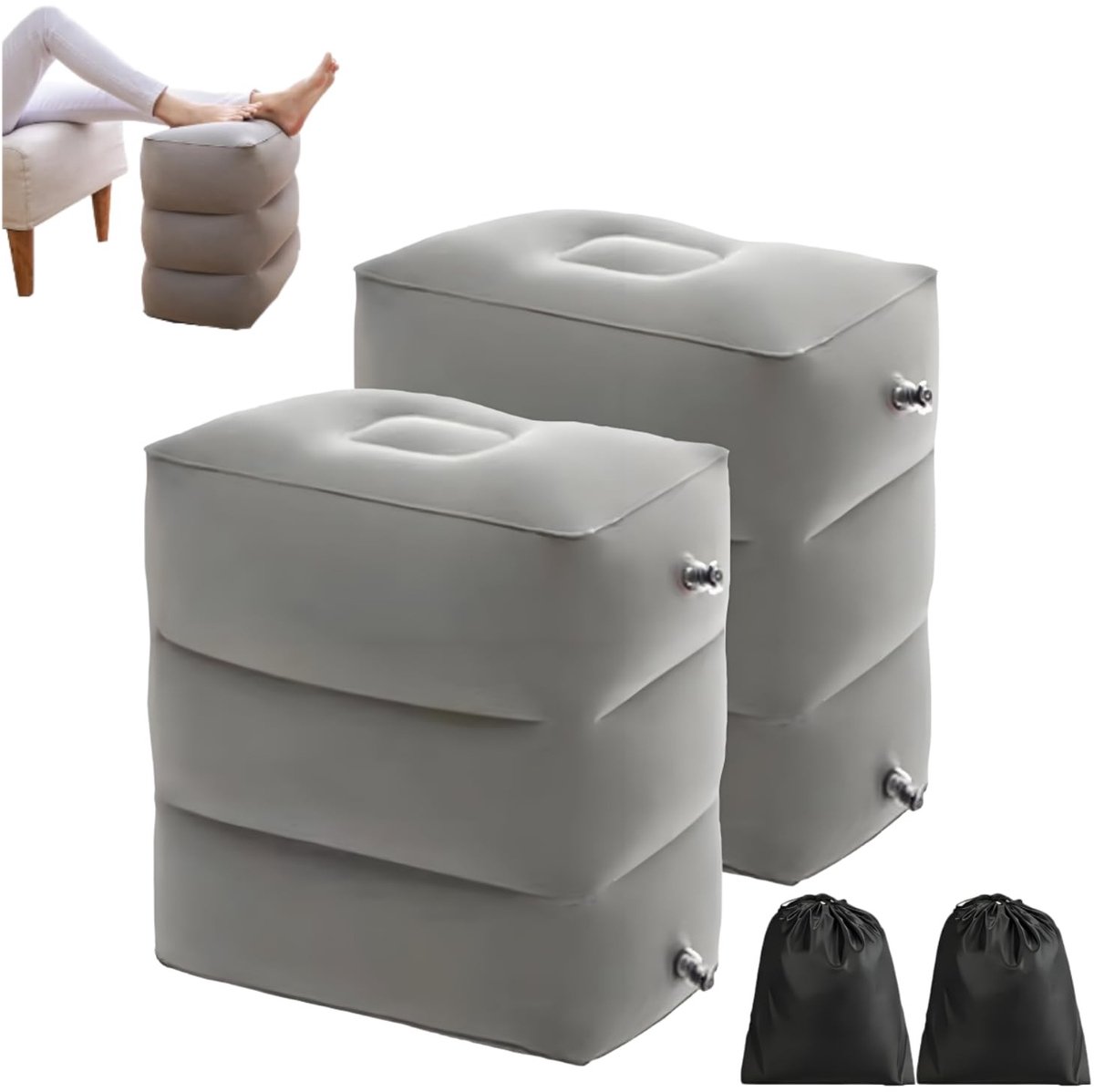 Dailygoods- Voetsteunkussen Opblaasbaar - Verstelbaar Reiskussen - Vliegtuigvoetsteun - 2 Stuks - Licht Grijs - 40x30x45cm