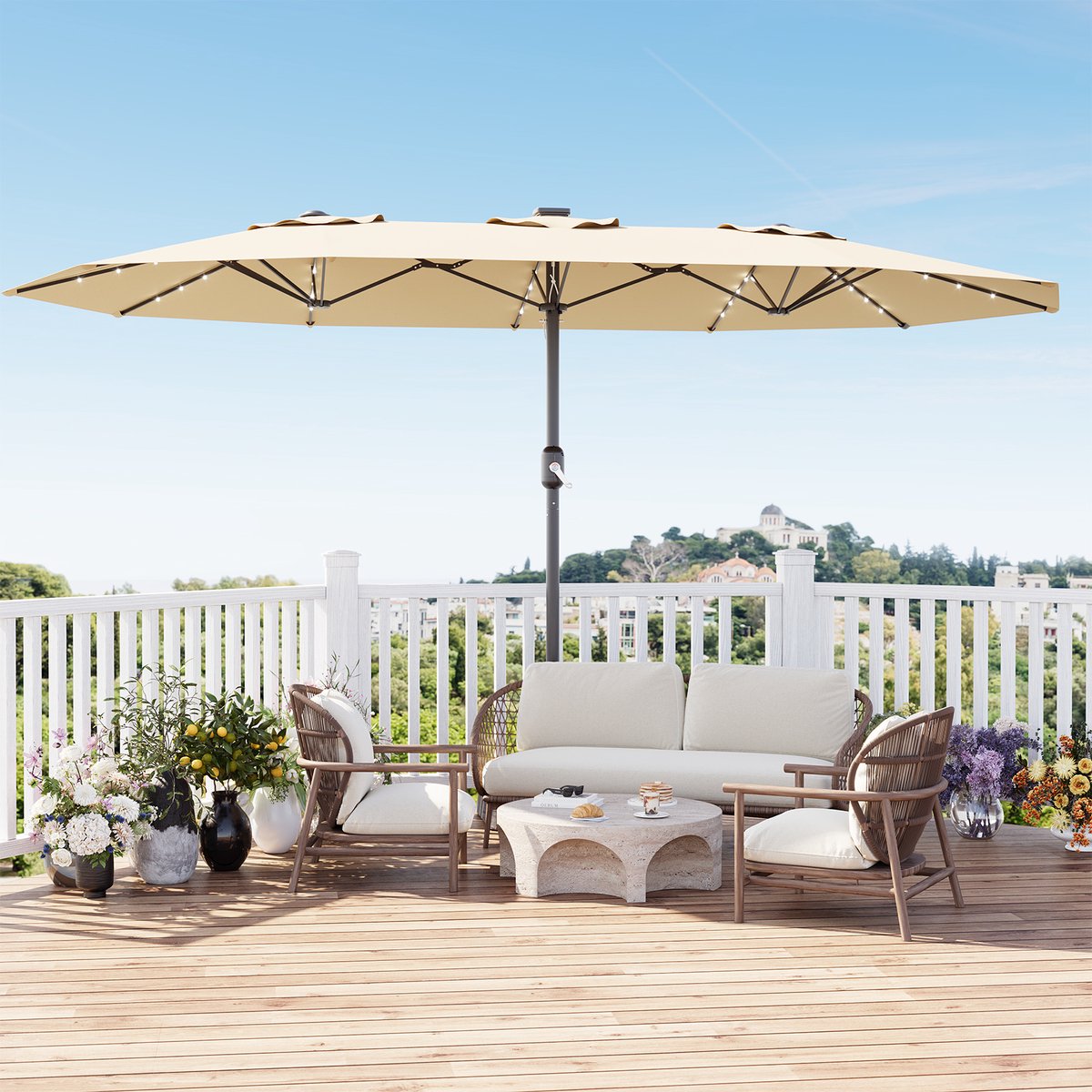 Parasol Groot Rechthoekig met Voet - 450x270cm - LED Verlichting - UV-bescherming - Windbestendig - Eenvoudige Montage - Buiten Marktparasol met Draaimechanisme en Basis, Kaki