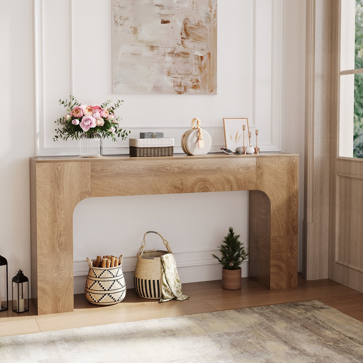 Slank landelijk wandtafel voor de woonkamer – smalle houten entreetafel met rustiek eikenaccent, ruimtebesparend gangmeubel, geschikt achter de bank of in de hal, 160 cm