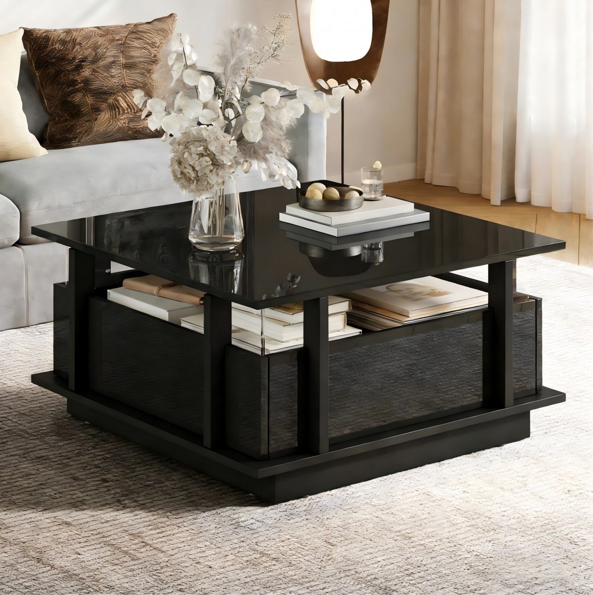 DESMIU Salontafel - Hoogglans Met Led En Twee Lades - Voor Woonkamer En Kleine Ruimtes - Spaanplaat - Zwart - 70x70x35 Cm