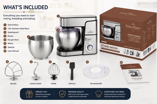 Swiss Haus® KM2207 Keukenmachine 1500W - 7L RVS Keukenrobot - 6 Snelheden + Pulse - Multifunctionele Standmixer met Accessoires - RVS — afbeelding 3