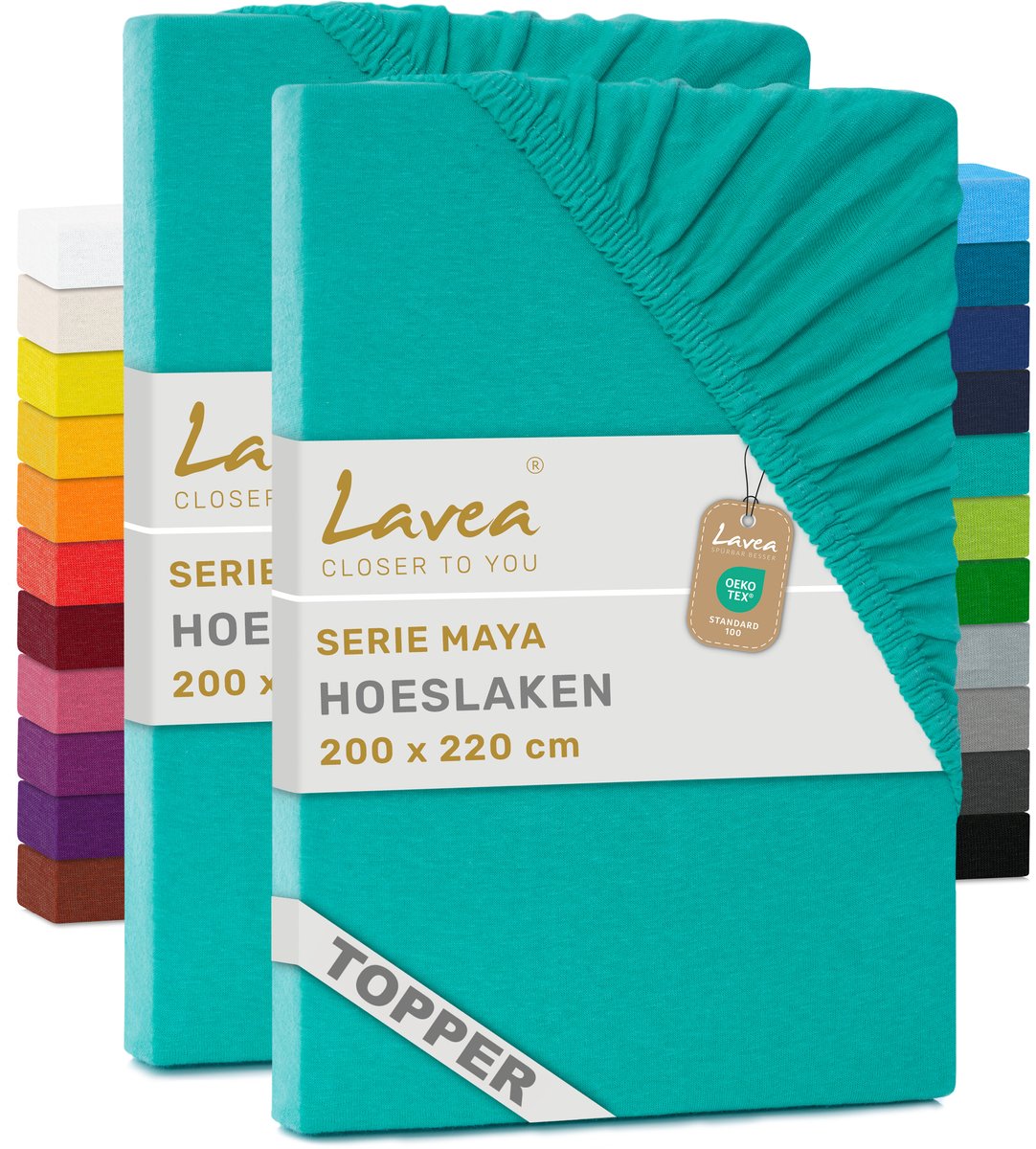 Lavea® Set van 2 Hoeslakens voor Topper 200x220 cm – 100% Katoen Jersey – voor Topper tot 10 cm – met Elastiek rondom – Turquoise