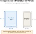 Afmetingenvergelijking tussen de "PocketBook Verse" (6 inch) en een smartphone. De e-reader is 15.6 cm hoog en 10.8 cm breed.