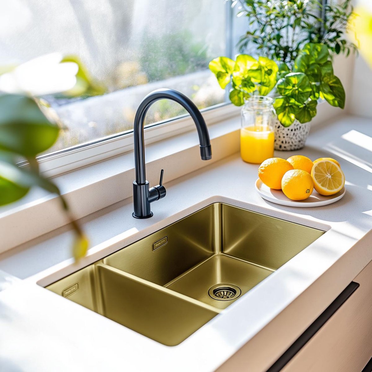 Pure.Sink Comfort 1,5 anderhalve PVD gouden spoelbak 18+34 cm grote bak rechts PCM183440-60