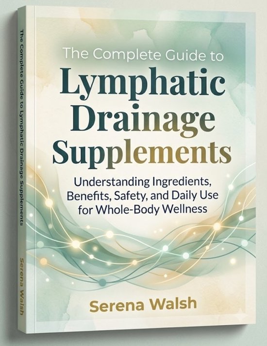 Couverture de livre intitulée The Complete Guide to Lymphatic Drainage Supplements par Serena Walsh, fond aquarelle abstrait.