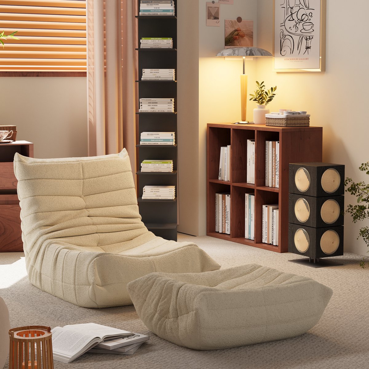 DESMIU Zitzak Eenpersoonsfauteuil 43,18 cm – Ergonomische Loungestoel – Zacht Teddy Fleece – Flexibele Zitoplossing Voor Woonkamer En Ontspanning – Beige – Zonder matras