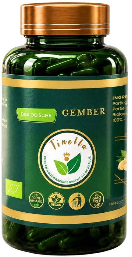 Groene pot met gouden dop, gevuld met 120 biologische gembercapsules. Het label toont "Tinella", "Biologische Gember", "100% Organic", "Vegan", "GMO Free".