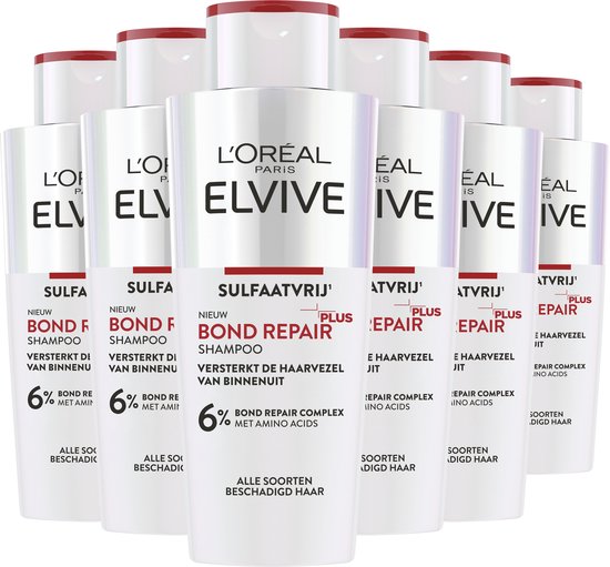 Groep L'Oréal Elvive Bond Repair shampoo flessen, met witte en rode labels.