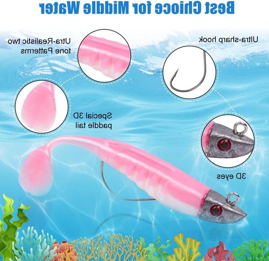 Spinning Visaas, Rubber Vissen, Zachte Aas met Loodkop Haak, Aas voor Zeebaars, Snoek en Forel, Visspullen voor Zout- en Zoetwater — afbeelding 3