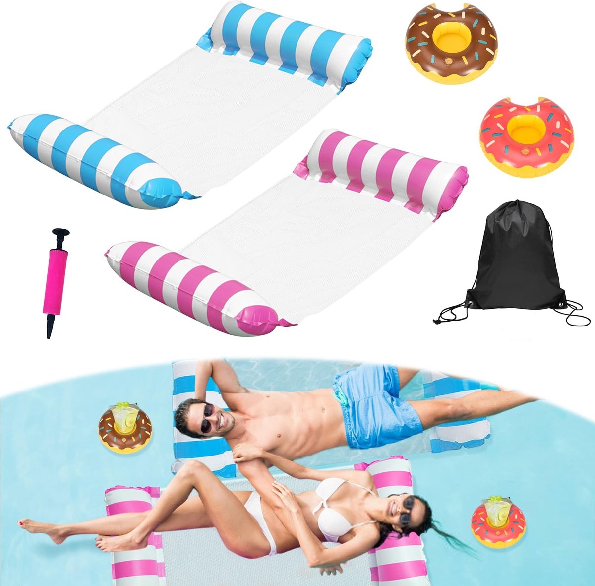 Dailygoods- Luchtbed 4-in-1 Set - 2 Waterhangmatten - 2 Bekerhouders - Handpomp - Draagbare Opbergtas - Duurzaam PVC - Luchtmatras