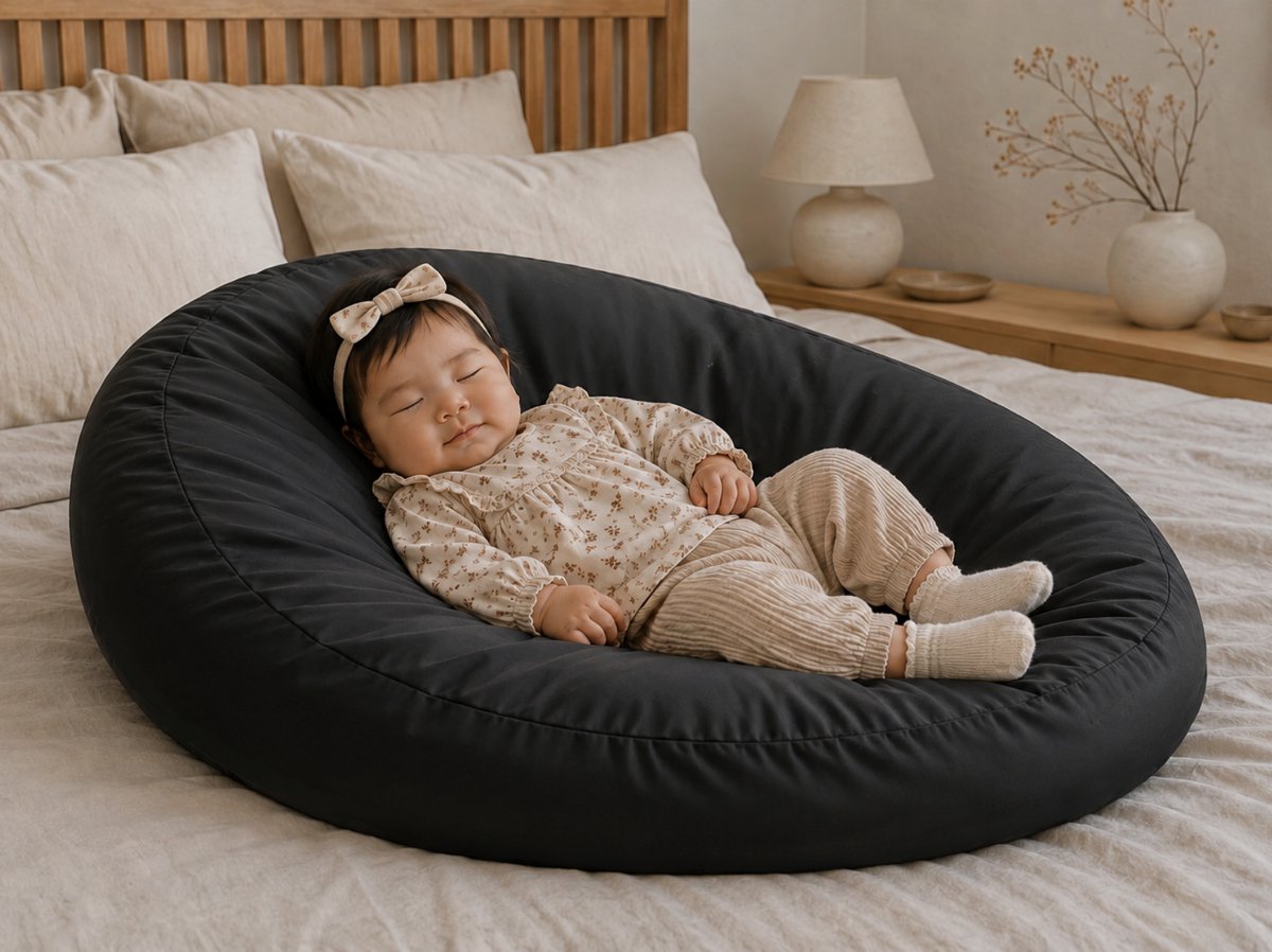 Bedrebel - Baby relax hoes voor voedingskussen zwangerschapskussen - 100% katoen satijn - zwart - Charcoal black - anti doorzakken clip - baby relaxhoes