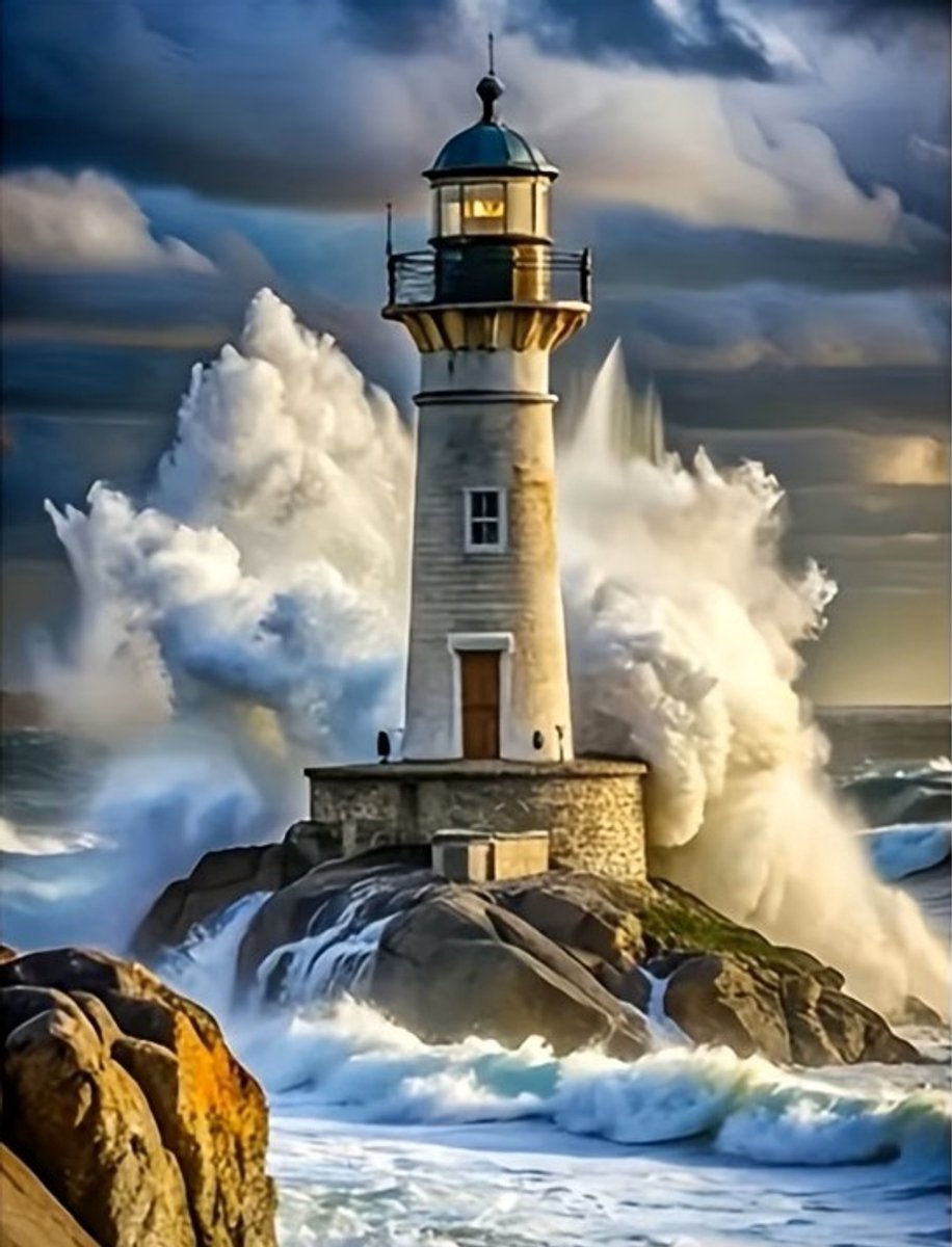 nr 243 Diamond Painting vuurtoren storm 40x30cm (rond)