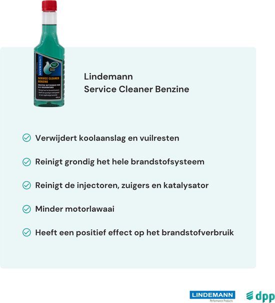 Flesje Lindemann Service Cleaner Benzine met groene vloeistof. Verwijdert koolaanslag, reinigt brandstofsysteem, injectoren, zuigers, katalysator.