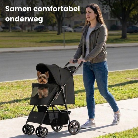 Zenzee® - Inklapbare Hondenbuggy opvouwbaar – Met regenhoes - Voor kleine en middelgrote honden - Tot 15Kg - Zwart – Hondenwagen – Wandelwagen