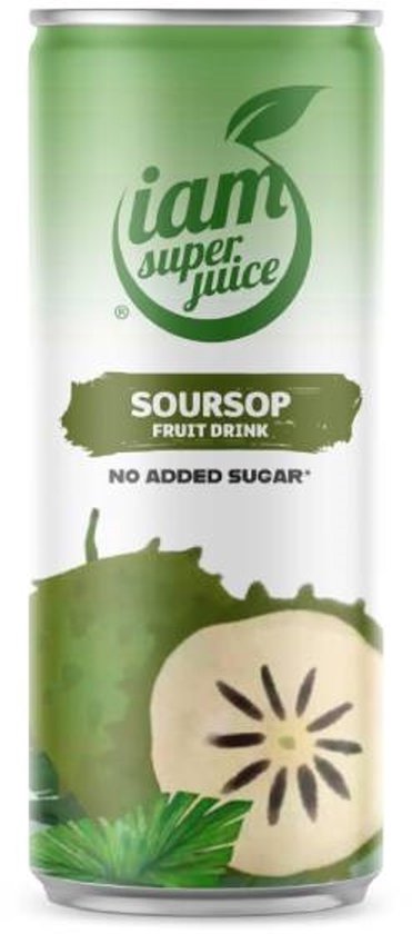 Blikje 'iam super juice' Soursop fruit drink met groene opdruk, soursop vruchten en de tekst 'NO ADDED SUGAR'.