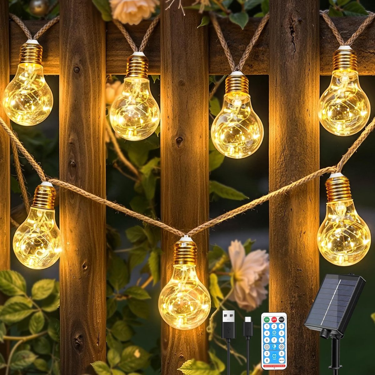 Namajunas - Lichtsnoer buiten - Zonne-hennep touwstringlamp - Solar Tuinverlichting - Buitenverlichting - 8M - Sfeerverlichting - 16 onbreekbare LED-lampen - Met afstandsbediening - 8 standen & timer - Decoratief voor tuinprieel en pergola