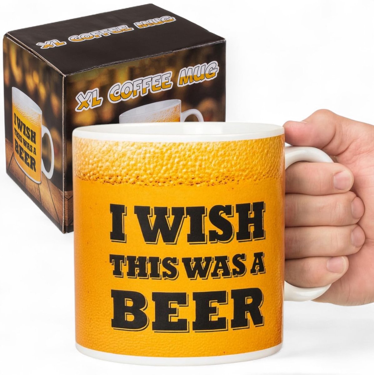 Dailygoods- Koffiemok XL 1000 ml - Grappige Mok "I Wish This Was a Beer" - Duurzaam Aardewerk - Vaatwasmachinebestendig - Cadeau-idee voor Bierliefhebbers - Beker