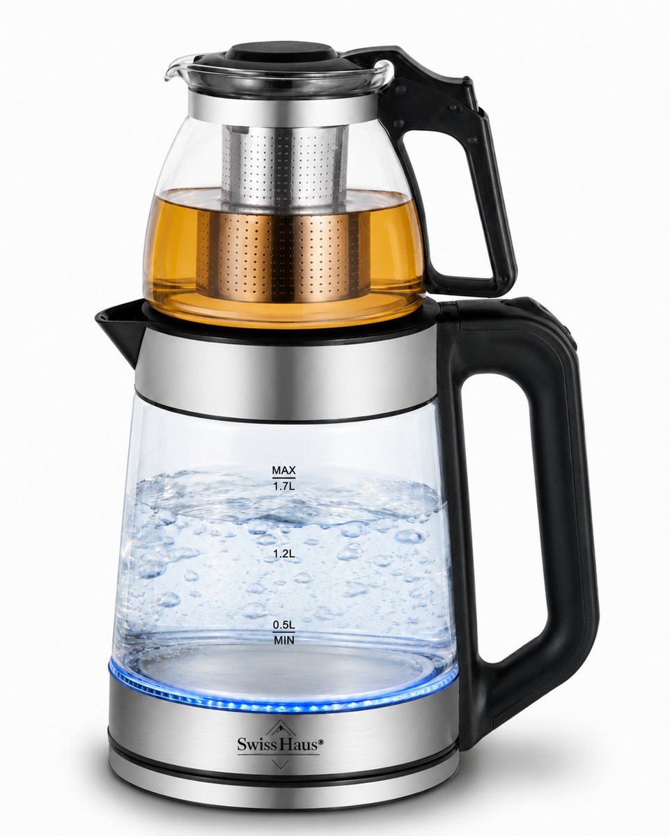 Swiss Haus® GWK2220 Waterkoker & Theemaker – 1.7L Glazen Waterkoker + 0.5L Turkse Theepot – 2200W – LED Verlichting – Snoerloos 360° – RVS