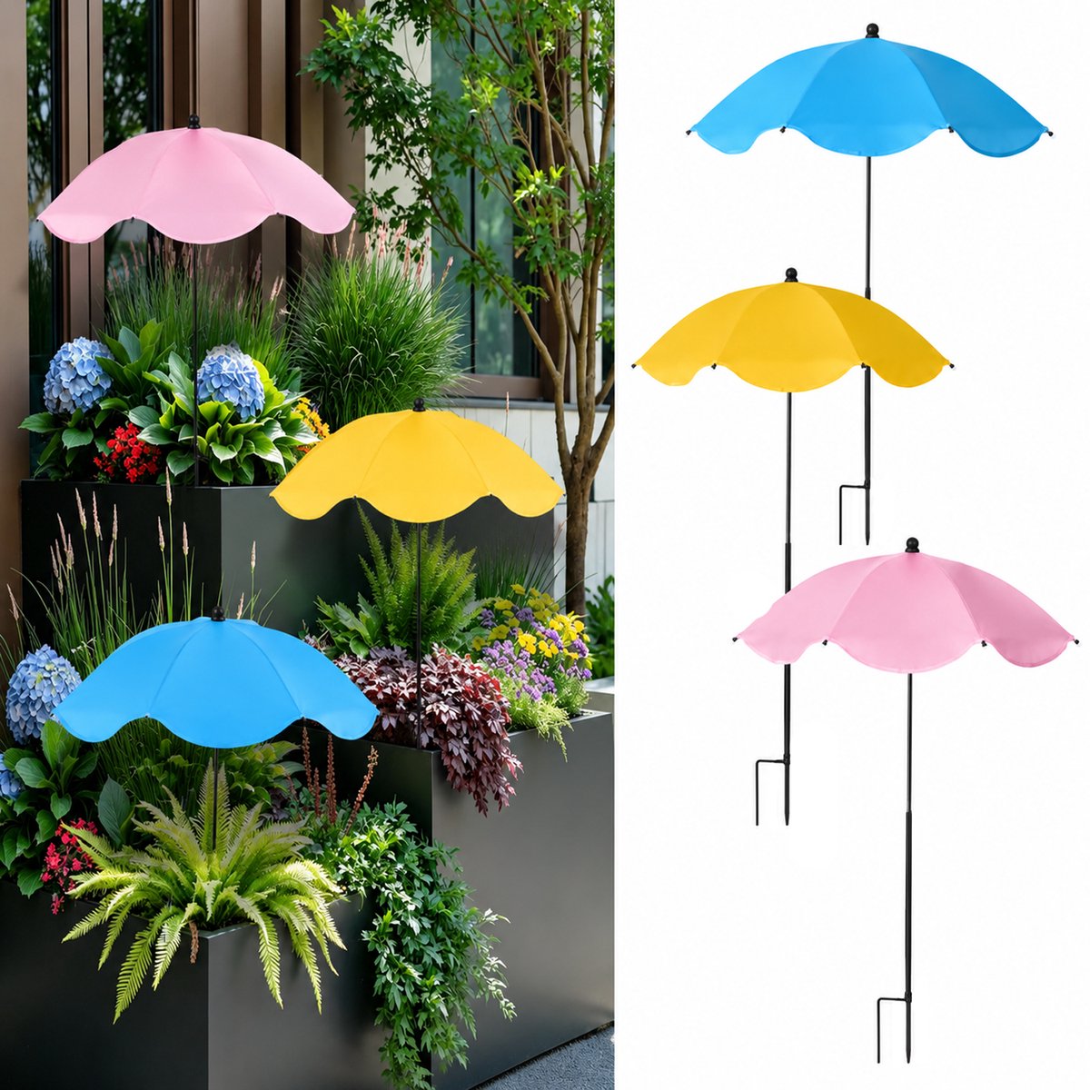 Paraplu met golvende rand - plantenparasols - Buitenplantenparasols - Verstelbare hoogte tuinparasols - Buiten regenbescherming - Geschikt voor potplanten, tuinbedden, bloempotten - Biedt schaduw - Beschermt planten tegen de hete zon - 3 Stuks
