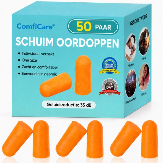 Doos met 50 paar oranje ComfiCare schuimoordopjes, 35 dB geluidsreductie, geschikt voor werk, slapen, evenementen en reizen.