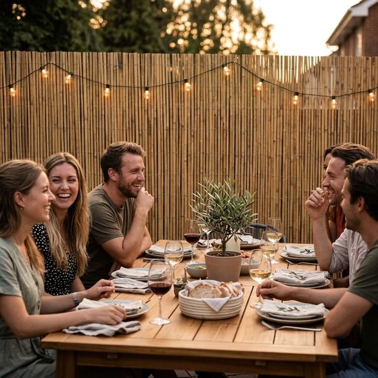 Zes vrienden genieten van een maaltijd aan een houten tafel, gedekt met servies, wijnglazen en een broodmand, tegen een bamboe schutting met lichtslingers.