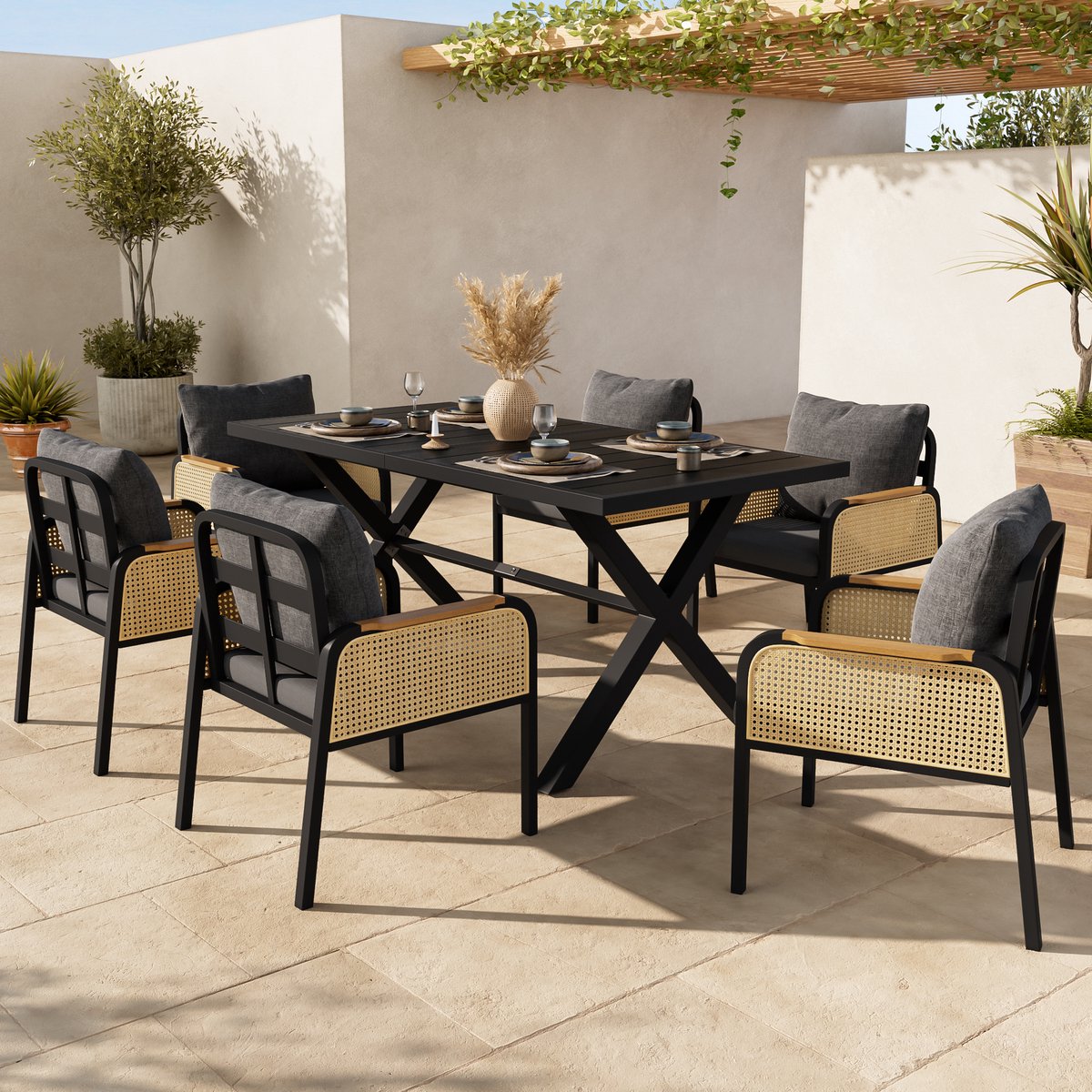 Intebiki tuinset - tuin loungeset -dining loungeset - Inclusief een eettafel en zes fauteuils - Moderne, casual buitenset - Geschikt voor terrassen, balkons en tuinen - Gemaakt van PE-rotan - Zwart – foto 5