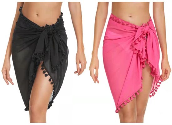 Strand Sarong voor dames - 2 Stuks - Sarong - 66*145cm - Strandrok - Badpak Cover Up - Strand Sarong Cover Up - Vrouwen Strandjurkje - Omslagdoek Effen - Sjaal - Met Kwastjes - Badkleding Wikkeljurk - voor Strand, Zwembad, Reisvakantie - Zwart/Roze