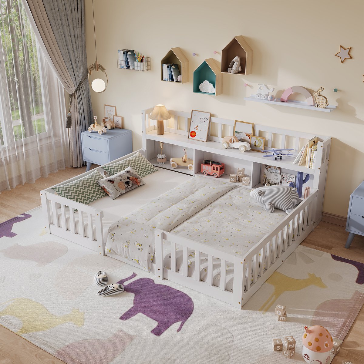 Montessori kinderbed – Houten peuterbed 140x200 cm – Vloerbed met veiligheidshekjes en opbergkast – Wit – zonder matras
