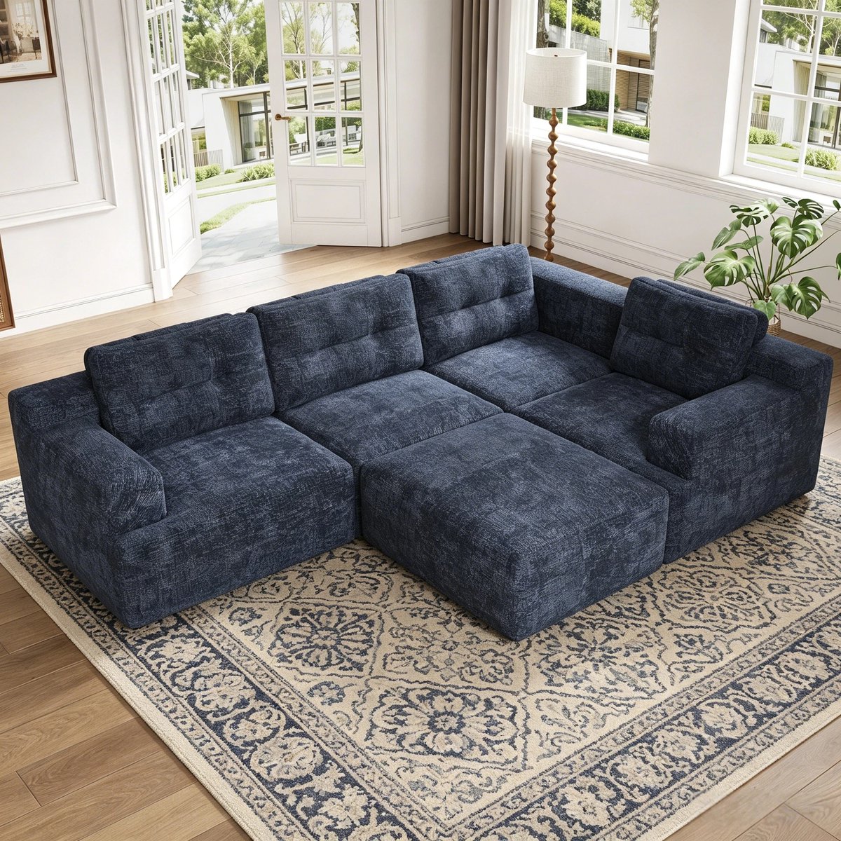Zubaliya Moderne Hoekbank, L-Bank, U-Bank, 5-Zitsbank, Modulaire Combinatiebank, Flexibel Te Configureren Als L-Vorm Of U-Vorm, Frameloze Constructie Van Schuim, Geen Montage Nodig, Chenille Bekleding-Blauw