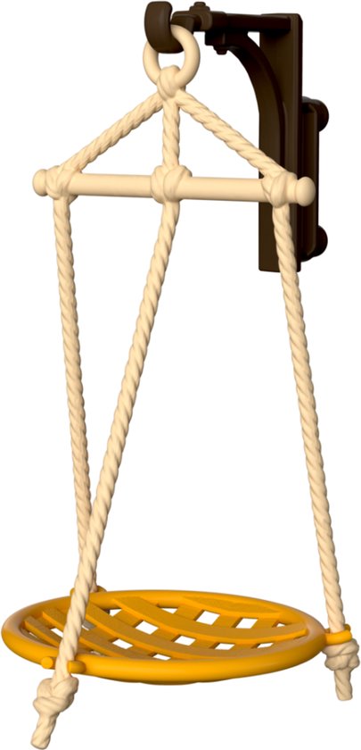 Gele hangmat met touwen en donkerbruin bevestigingspunt.