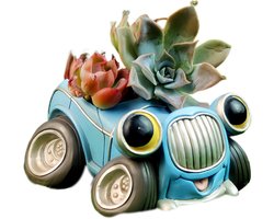 Cactus Pot - Bloempot Hars - Planten Decoratie - Cartoon Auto Design - 15 cm - Blauw